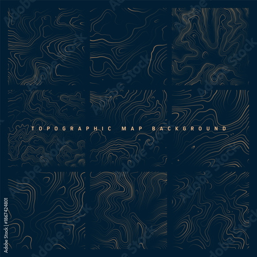 Topographic maps with contour lines. Geographic terrain grid, relief height elevation. Ground path pattern. Travel and navigation, cartography design element. Vector illustration.