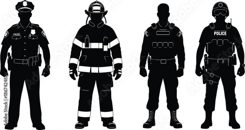 Emergency service silhouettes of police firefighter soldier tactical officer uniforms isolated vector set for security law enforcement protection concepts design