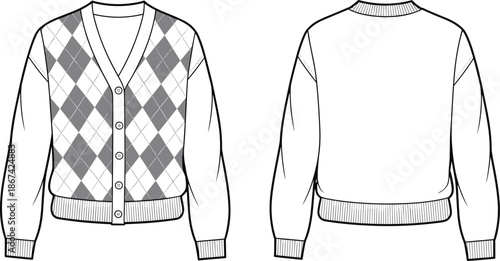 Front and back view of a white argyle cardigan with buttons apparel clothing