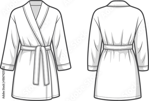 Front and back view of a white bathrobe with a belt dressing gown front view