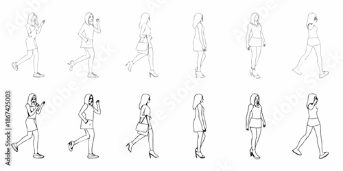 Line art illustrations of women in various poses and fashionable outfits
