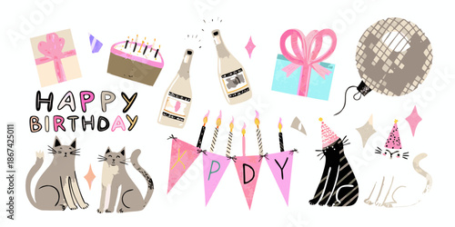 A cheerful birthday celebration with gifts cake and adorable feline friends