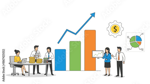 Business team analyzing growth chart and financial data in office