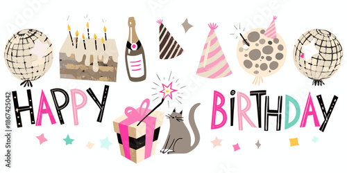 Festive birthday elements cake balloons champagne and celebratory decorations