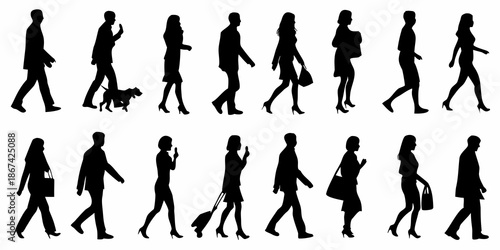 Silhouettes of people walking including a person with a dog in a city scene