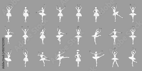A collection of simple white line drawing illustrations of ballerinas in various poses