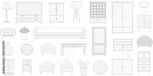 A collection of simple gray line drawing furniture for interior design concepts