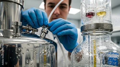 Scientist Working in Laboratory with Glass Equipment and Blue Gloves Demonstrating Scientific Process