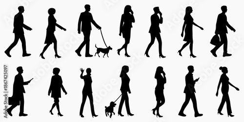 Silhouettes of people walking including individuals with dogs and carrying bags