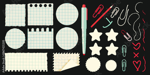 Stationery collection featuring paper clips stars and other office supplies