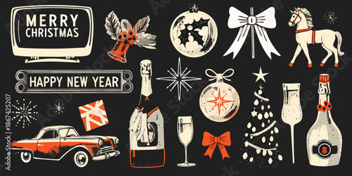 Vintage christmas and new year decorations including ornaments and retro elements