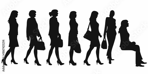 Silhouette series of women walking and sitting in professional attire