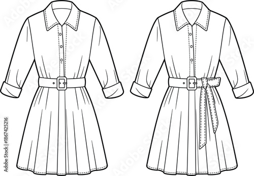 Women shirt dress vector illustration set, belted casual apparel fashion sketches for clothing design and tailoring