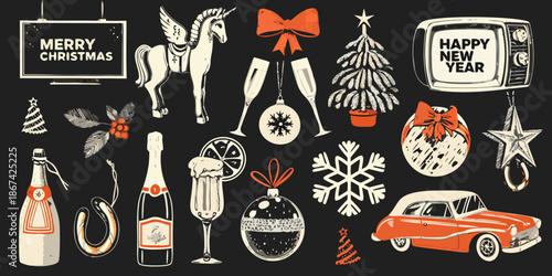 Festive holiday illustrations depicting christmas new year and celebratory items