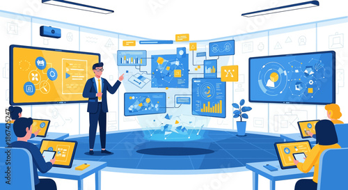Expert presenting complex data analytics in a modern meeting room with virtual dashboards