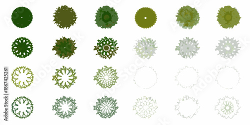 An array of circular tree canopy designs in varying shades of green
