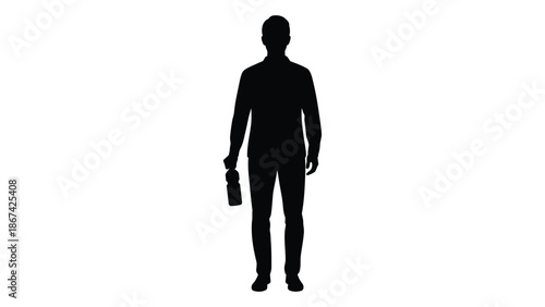 Silhouette of a person standing and holding a bottle against a white background