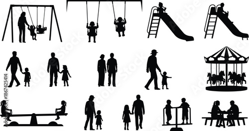 Family playground silhouette icons showing parents and children playing on swings slides carousel and park activities illustration set, outdoor leisure