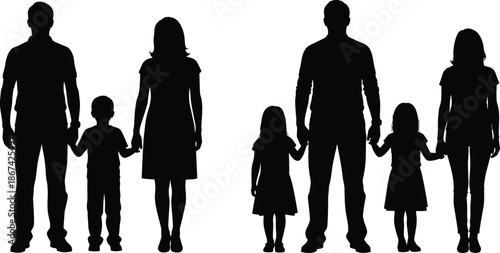 Family silhouettes holding hands together, parents and children standing unity concept, happy household isolated black vector illustration on white background