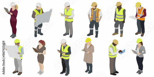Isometric illustration of diverse construction workers and professionals in various roles