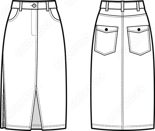 Front and Back View of a White Denim Pencil Skirt with Slit and Pockets denim skirt clothing