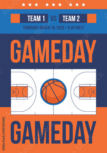 Game Day. Basketball playoff in March. Super sport party in United States. Final games of season tournament. Professional team championship. Ball for basketball. Sport poster. Vector