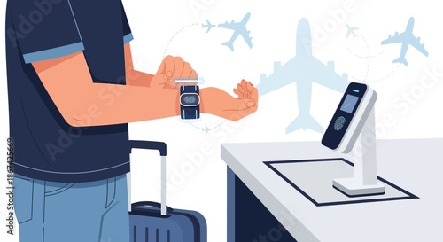Future travel experience vector concept with smart technology on passenger wrist scanning system