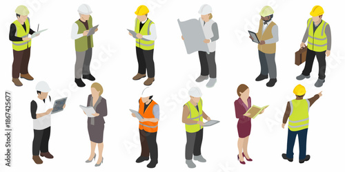 Isometric construction workers engineers and business people in various poses