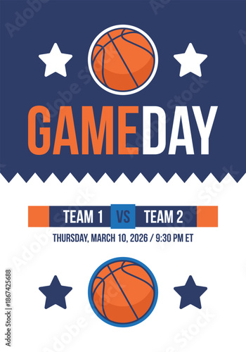 Game Day. Basketball playoff in March. Super sport party in United States. Final games of season tournament. Professional team championship. Ball for basketball. Sport poster. Vector