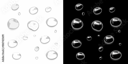 Water droplets in contrasting black and white showcasing reflective surfaces