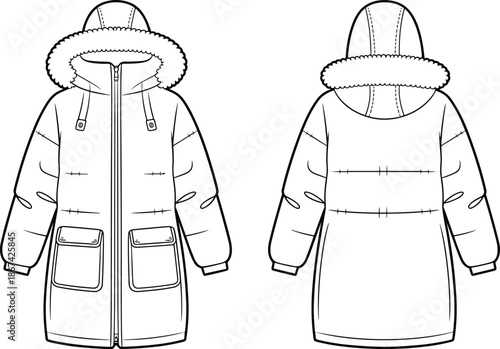 Front and back view of a white hooded parka jacket with fur trim and pockets apparel clothing