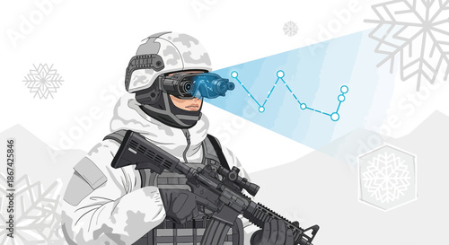 Futuristic arctic soldier with augmented reality interface in a snowy environment concept