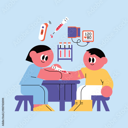 Modern flat illustration of nurse and male patient during vaccination at clinic desk with medical equipment icons.