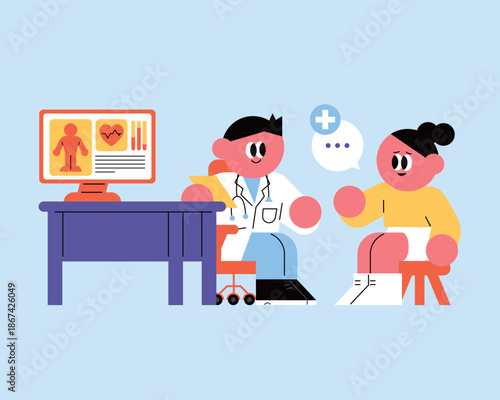 Modern flat illustration of doctor and female patient reviewing medical data on laptop screen, digital healthcare concept.