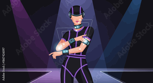 Futuristic avatar in advanced digital outfit with immersive interactive technology onstage