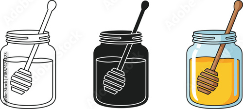 Honey Jar Icon Set with Dipper Stick in Outline, Silhouette, and Colored Style for Organic Food Product Vector Designs