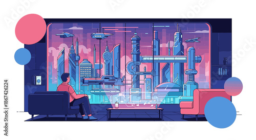 Futuristic cityscape view from modern apartment, technology, advancement and solitude