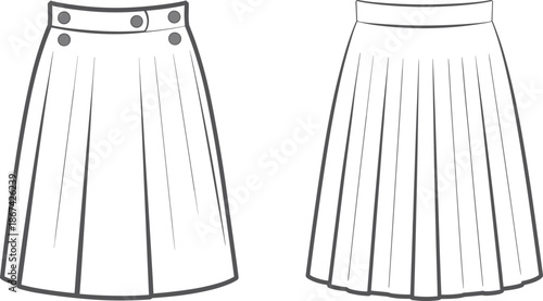 Front and back view of a white pleated skirt with button detail apparel clothing