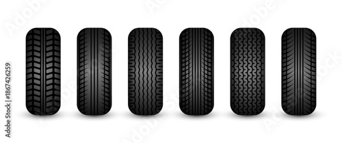 Rubber tires silhouettes. Car, truck, and motorcycle wheels, tread pattern designs. Perfect for automotive, racing, and motorsport themes, repair service and transport industry. Vector illustration.