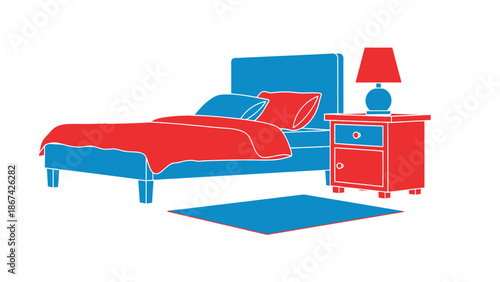 Modern Bedroom Illustration, Blue and Red Bed, Nightstand, Lamp, Rug