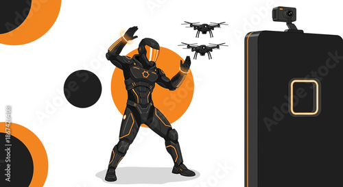 Futuristic controller maneuvering drones with precision, connected to advanced digital devices