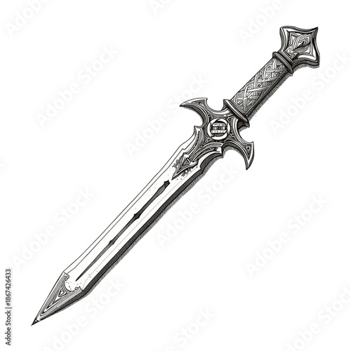 Isolated steel sword with a sharp blade on a white background
