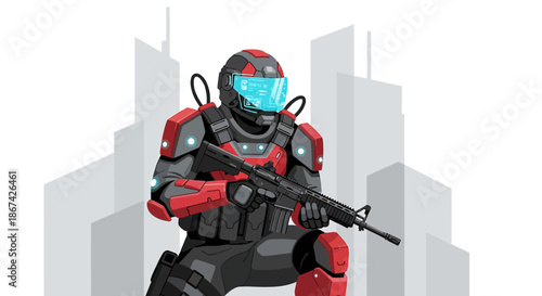 Futuristic cybernetic soldier with advanced weaponry standing guard in a digital cityscape