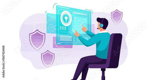 Futuristic cybersecurity operator interacting with digital interfaces to ensure protection