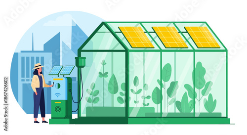 Futuristic eco greenhouse with solar energy and woman monitoring system operation