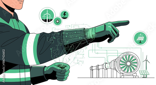 Futuristic engineer harnessing renewable energy sources with advanced technological tools for