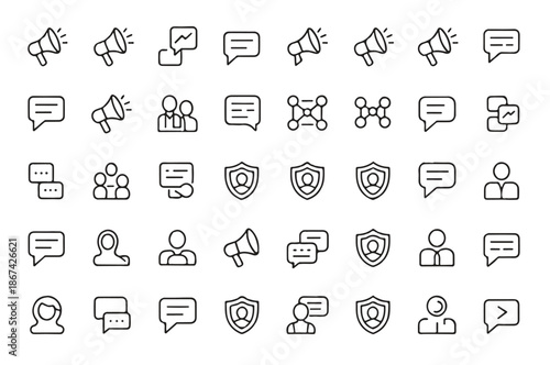 Public Relations and Corporate Communications Icon Bundle, Minimalist Line and Flat Color Vector Illustrations for Media Strategy, PR Agency, and Digital Marketing