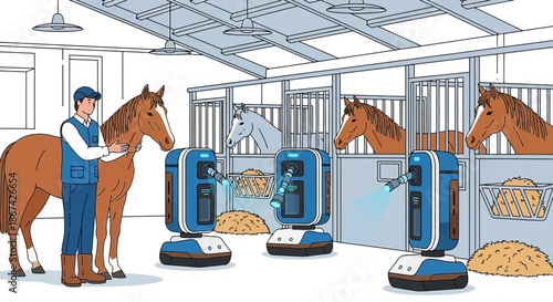 Futuristic equestrian facility showcasing automated feeding systems for horse care and management