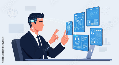 Futuristic executive utilizing advanced interface for data analysis and strategic planning