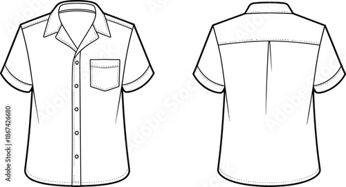 Front and back view of a white short-sleeved button-up shirt with a collar and pocket short sleeve shirt